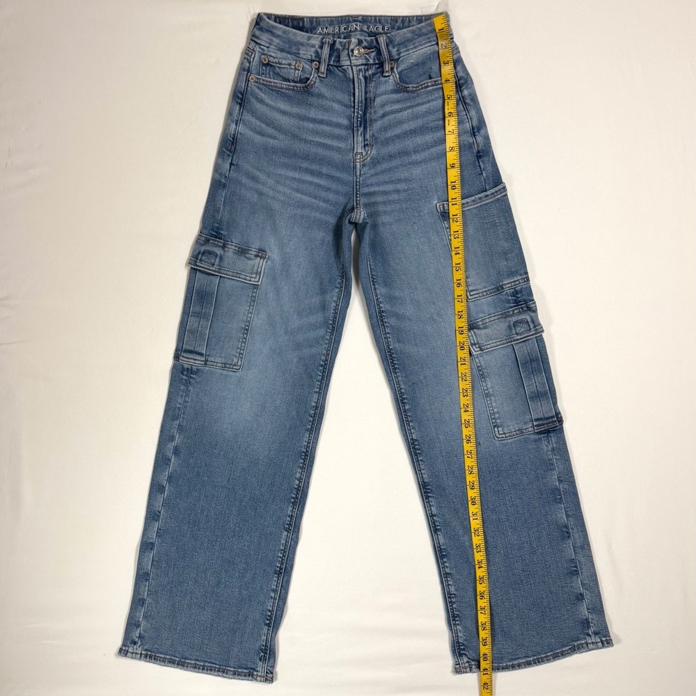 American Eagle Curvy Super High Waisted Baggy Wide Leg Cargo Jeans Size 00 Reg - Picture 13 of 14